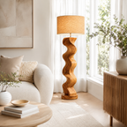 Sculptural Wood Floor Lamp – Solid Wood Wavy Standing Lamp with Fabric Shade for Living Room Decor