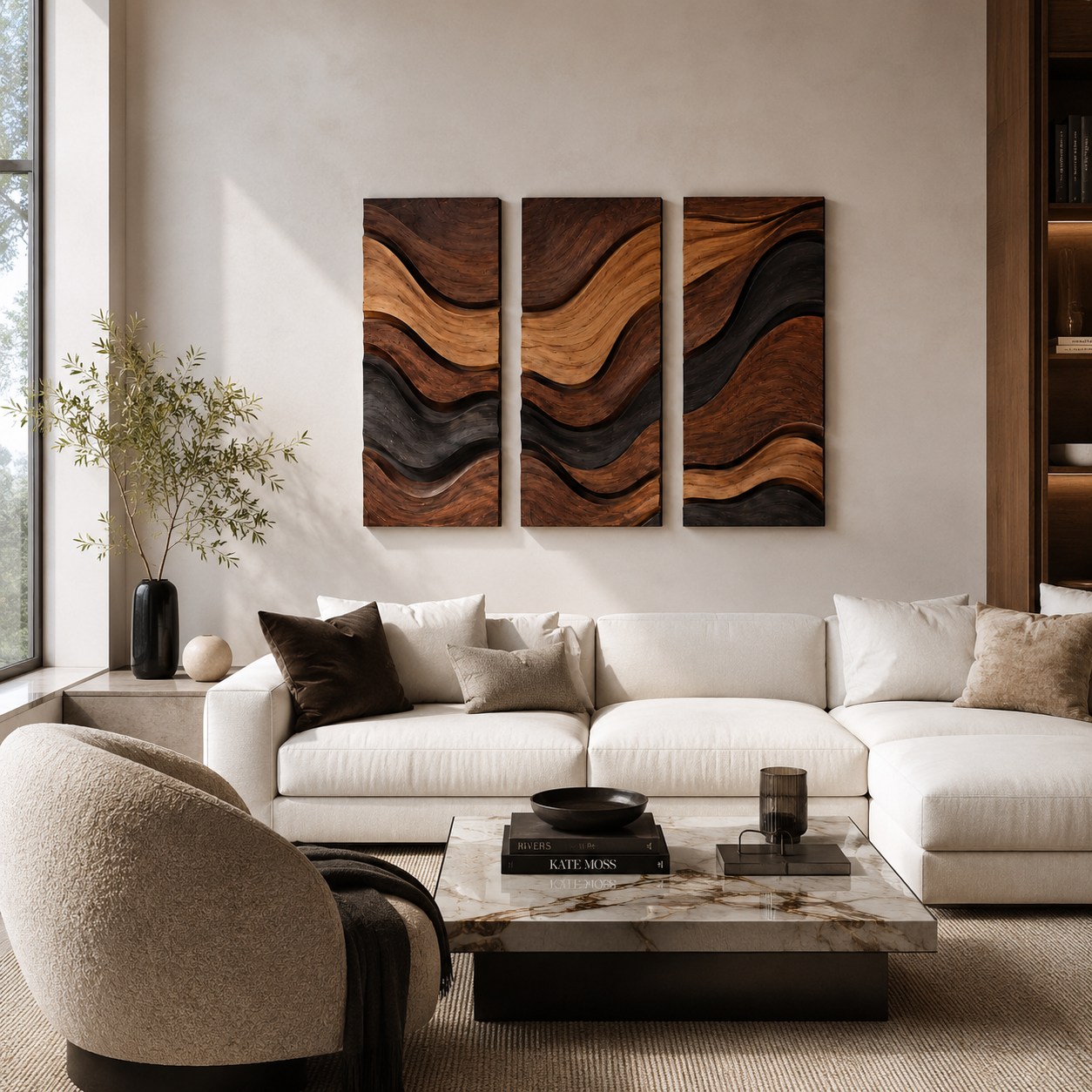 Wave Wood Wall Art – Solid Wood 3 Panel Carved Wall Decor for Living Room Decor
