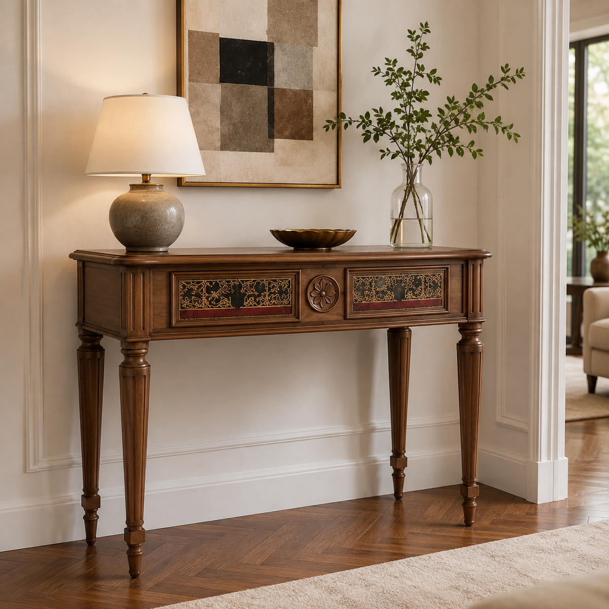 Heritage Wood Vanity Table with Upholstered Stool