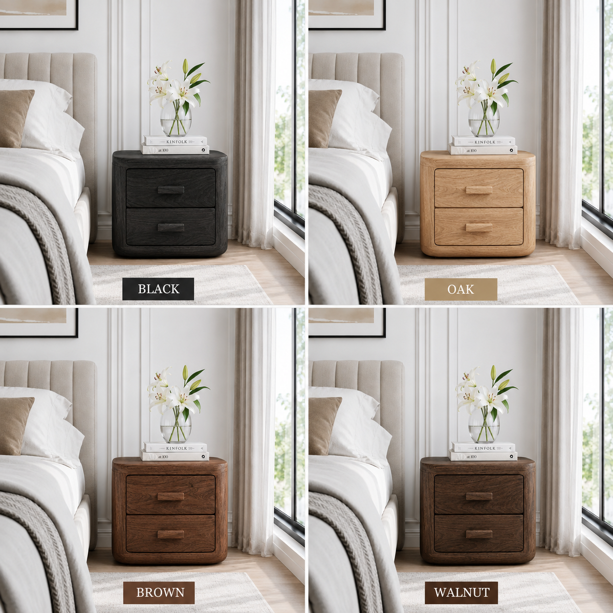 Rounded Wood Nightstand – Solid Wood Bedside Table for Bedroom Decor