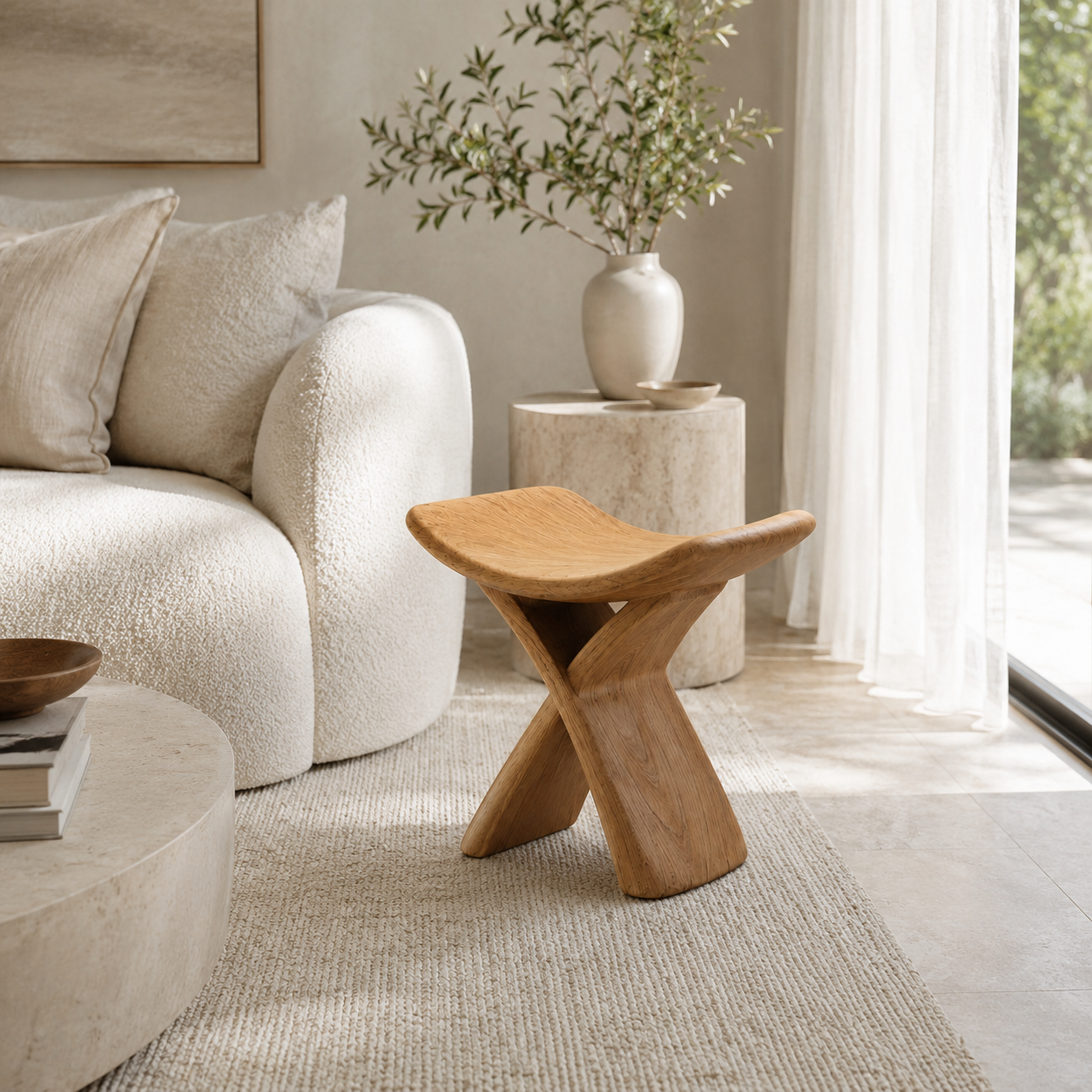 Sculptural Wood Stool – Solid Wood Accent Seat for Bathroom and Home Decor