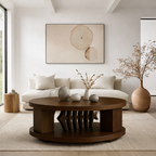 Round Sculptural Walnut Coffee Table with Storage Shelf – Modern Design