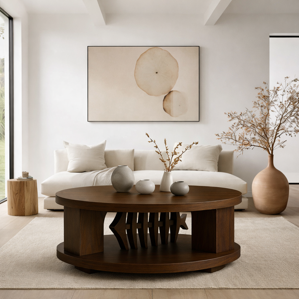 Round Sculptural Walnut Coffee Table with Storage Shelf – Modern Design
