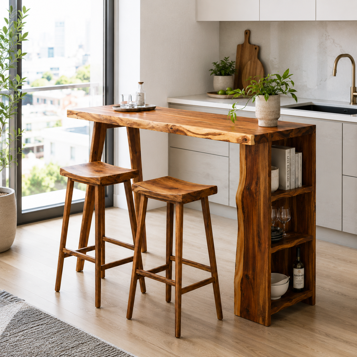 Live Edge Wood Bar Table Set – Solid Wood Kitchen Bar Counter with Storage and Stools