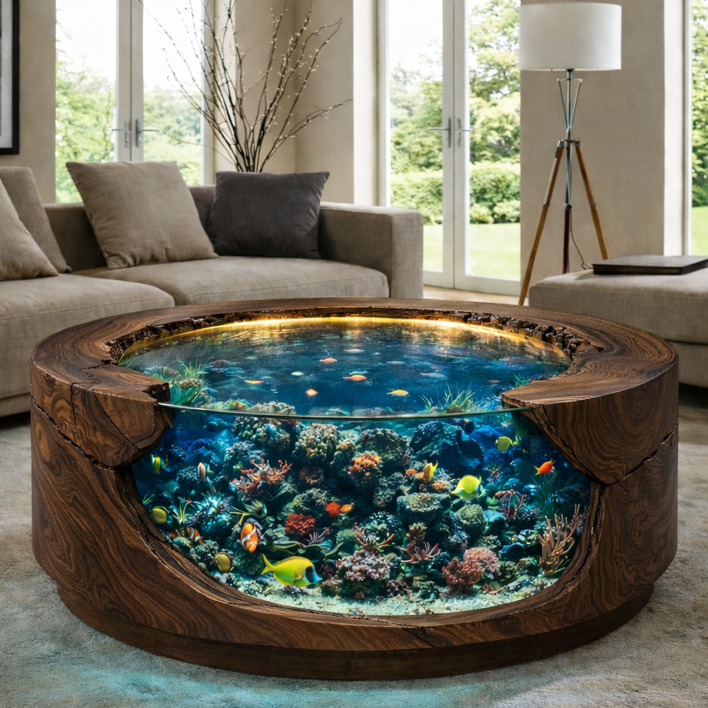 Solid Wood Round Aquarium Coffee Table – Sculptural Fish Tank Design