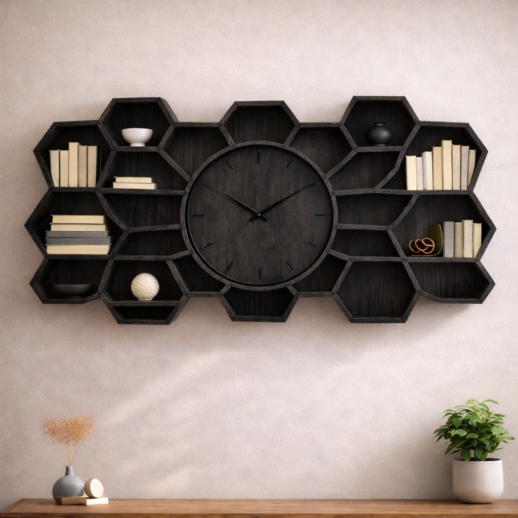 Solid Wood Sculptural Honeycomb Wall Clock – Modern Functional Art