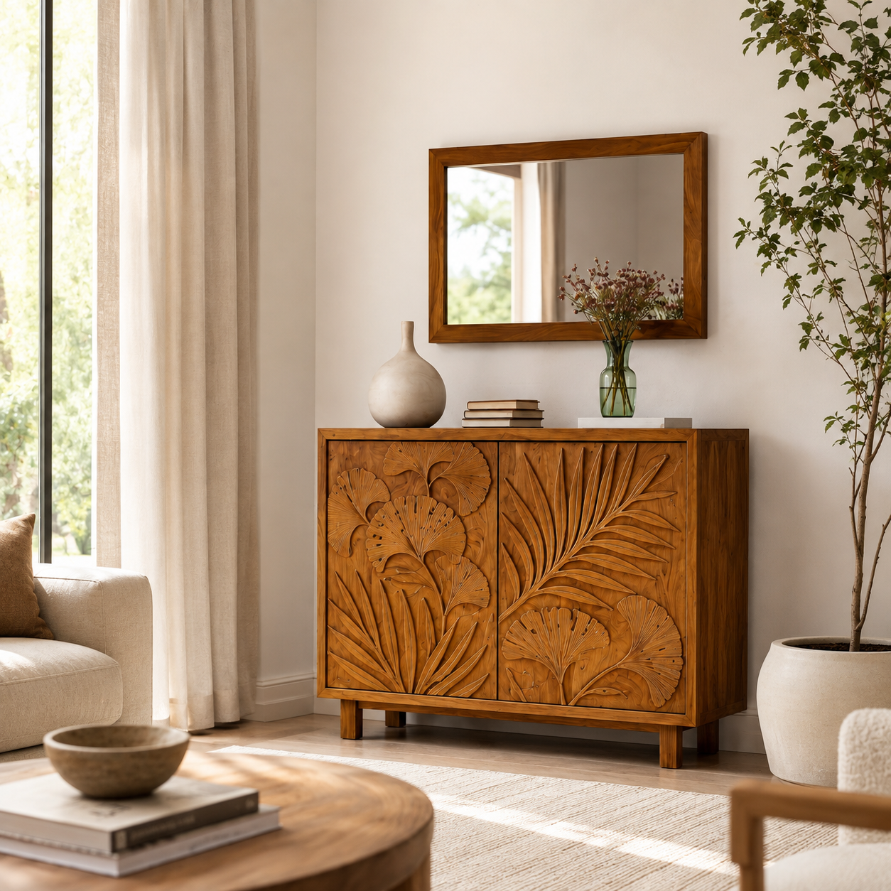 Botanical Carved Wood Accent Cabinet