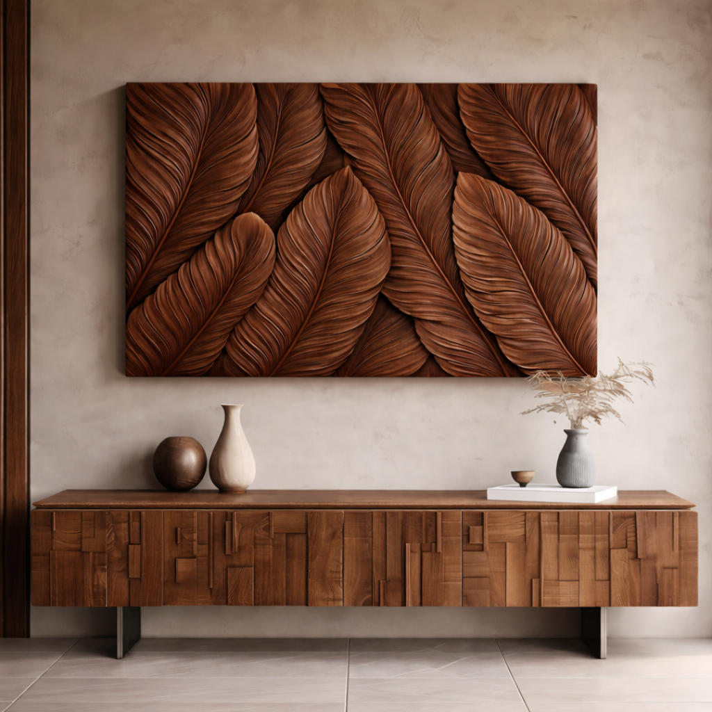 Carved Wooden Wall Art – Modern Natural Leaf Wall Sculpture
