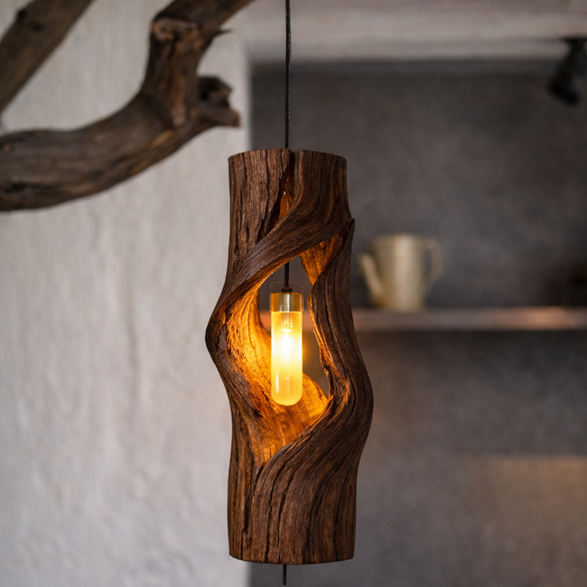 Sculptural Hanging Lamp – Solid Wood Cutout Pendant Light for Modern Home Deco Hover Image