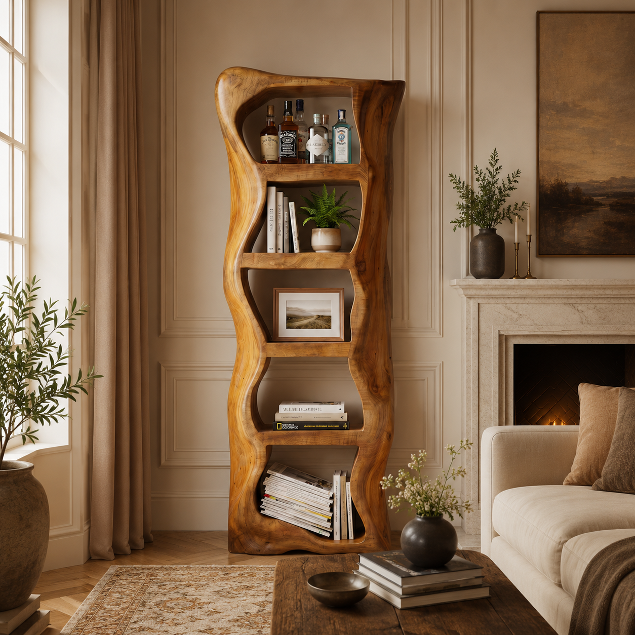 Sculptural Bookcase – Solid Wood Display Shelf for Living Room