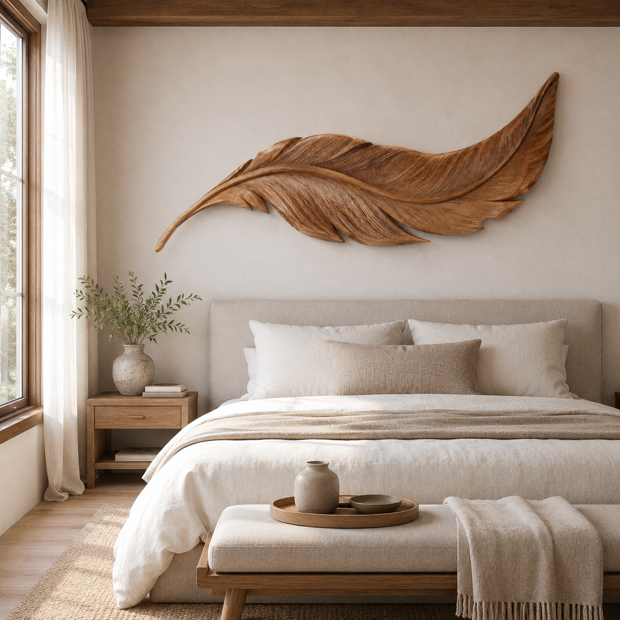 Feather Wood Wall Art – Solid Wood Carved Wall Decor for Bedroom Decor