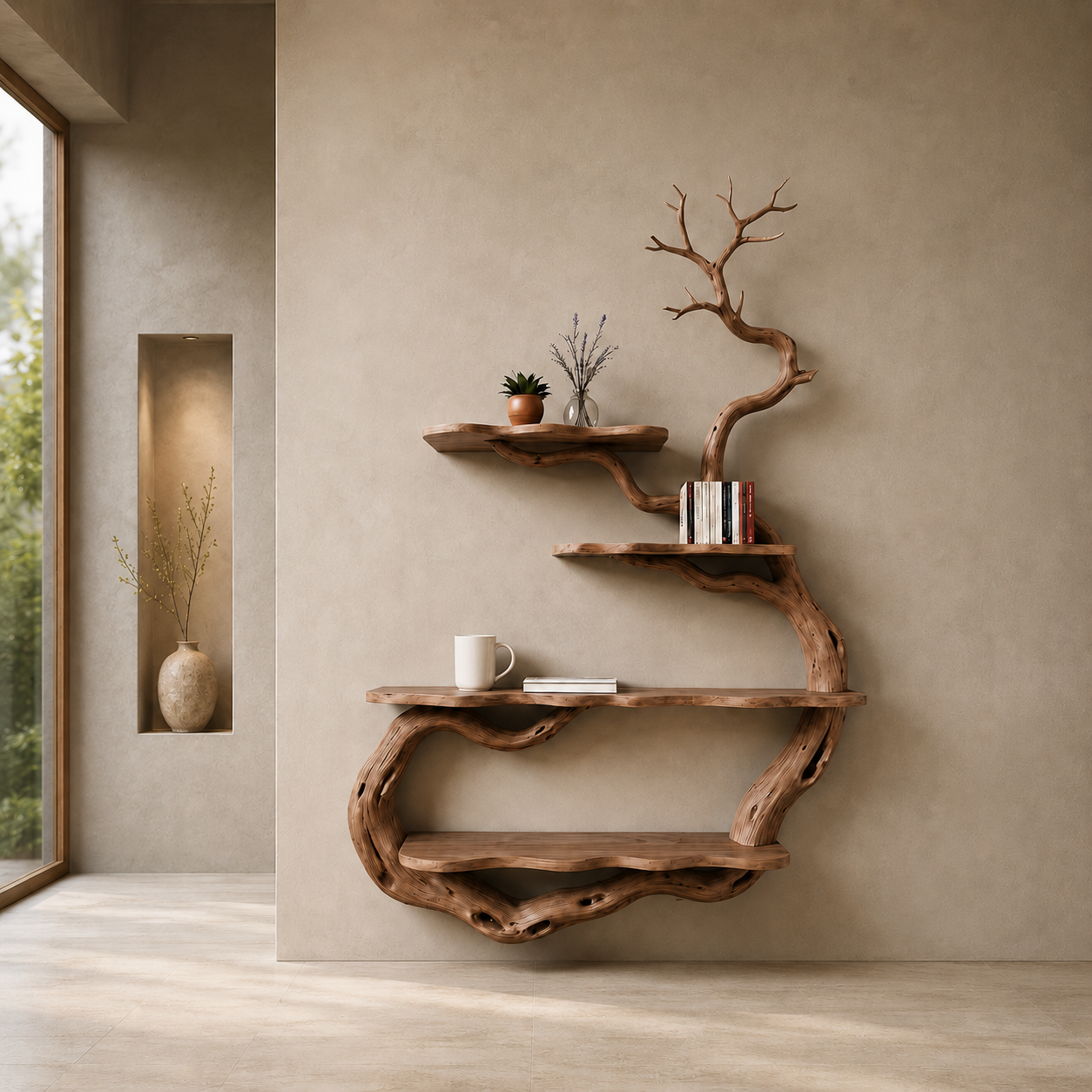 Tree Branch Wall Shelf – Sculptural Solid Wood Display Shelf