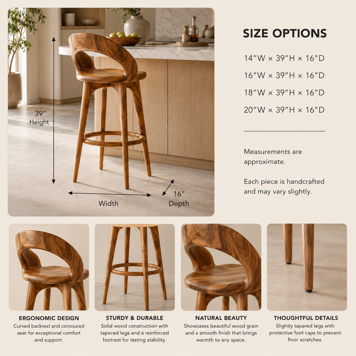 Wooden Bar Stool – Solid Wood Counter Chair for Kitchen Island