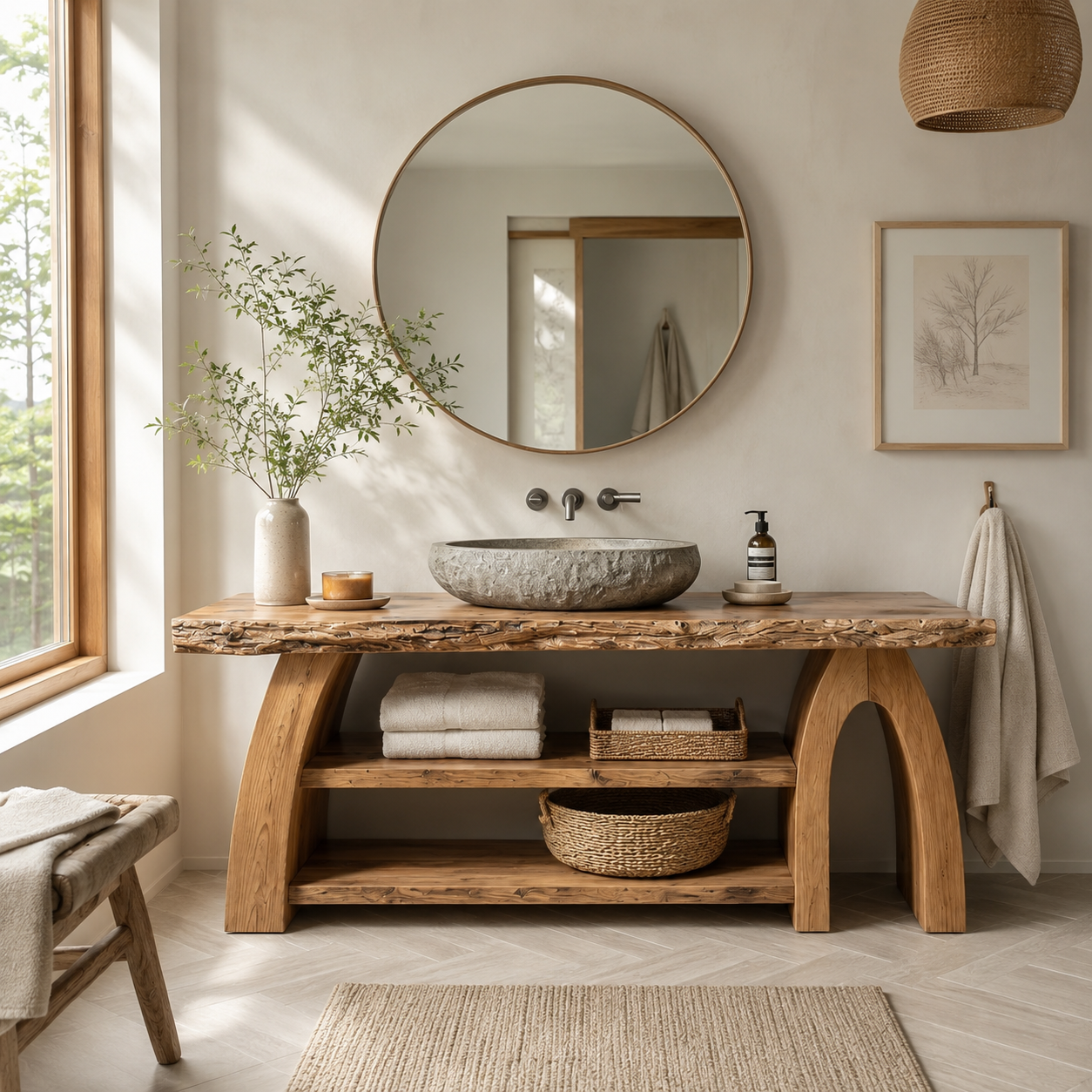 Live Edge Wood Bathroom Vanity – Solid Wood Sink Console with Storage Shelves for Bathroom Decor