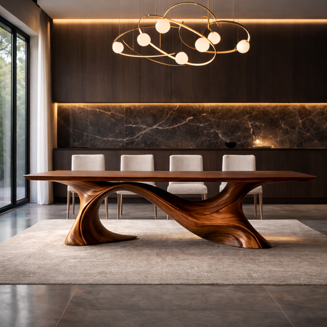 Sculptural Solid Wood Dining Table – Modern Organic Wave Base Dining Table for Luxury Dining Rooms Hover Image