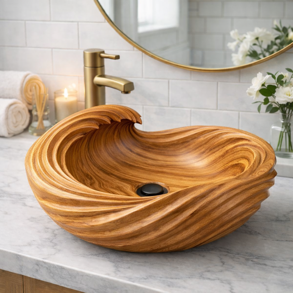 Sculptural Hand-Carved Solid Wood Vessel Sink – Wave Design Bathroom Basin