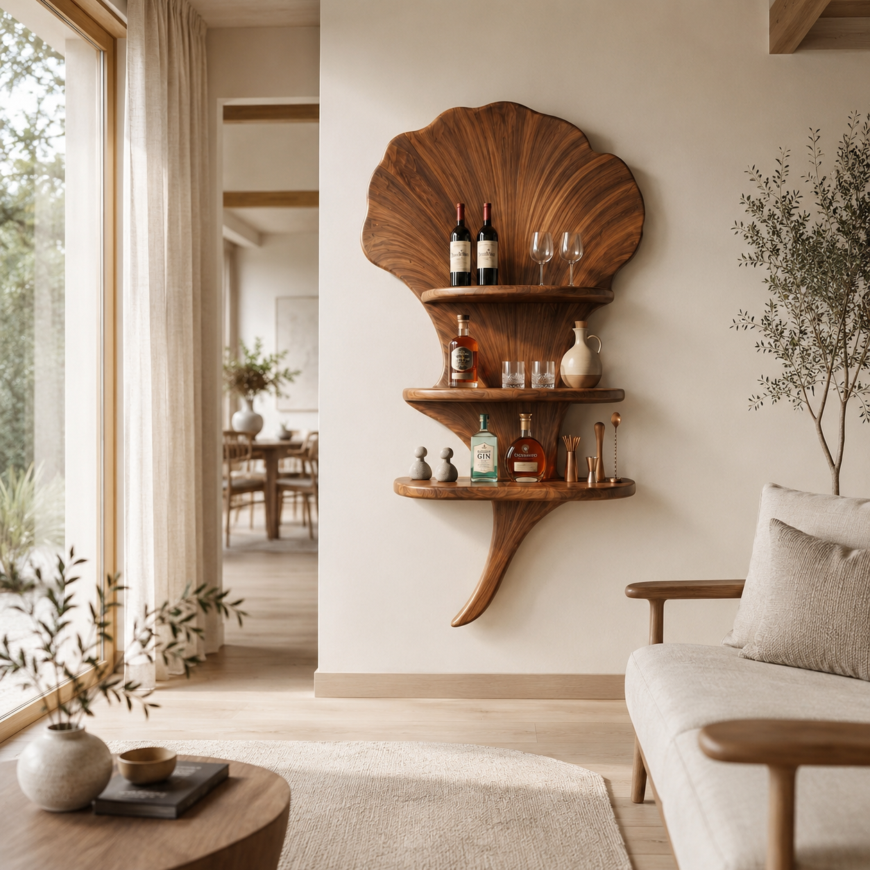 Shell Wood Bar Shelf – Solid Wood Wall Mounted Display Shelf for Home Bar Decor