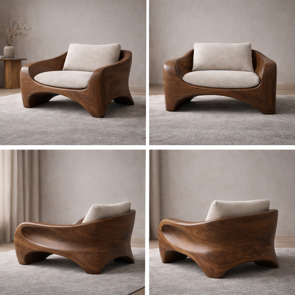 Curved Solid Wood Lounge Chair with Cushion – Organic Modern Accent Chair