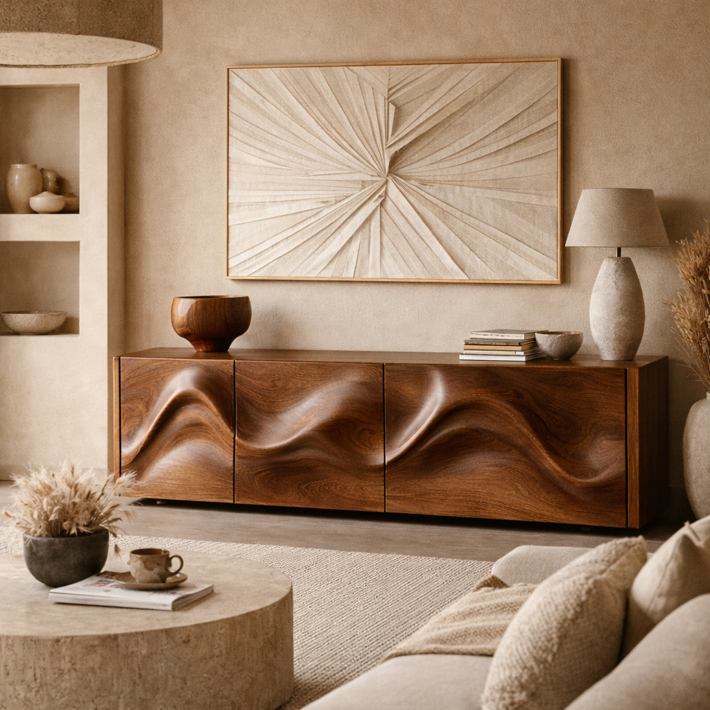 Wave Sideboard Media Console – Sculptural Solid Wood Storage Cabinet for Luxury Living Room