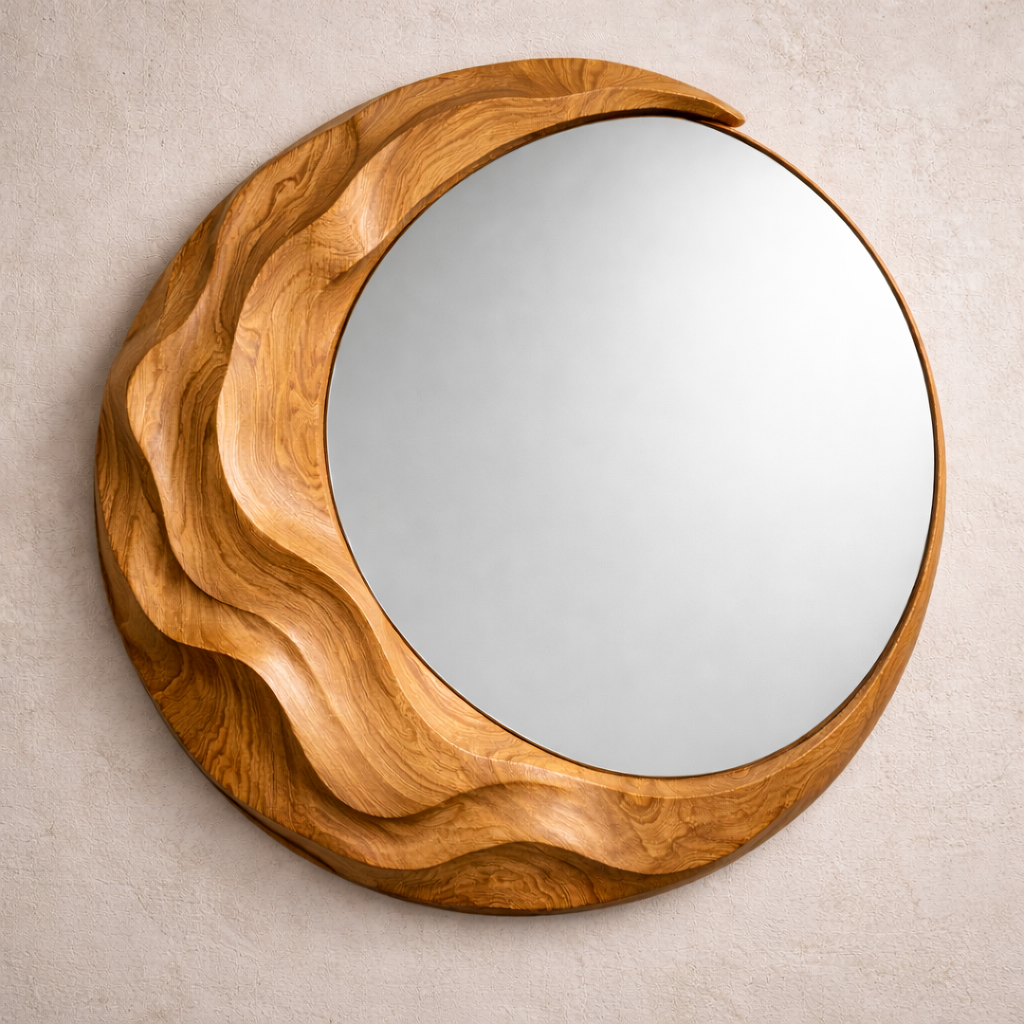 Wave Wall Mirror – Sculptural Hand-Carved Wood Mirror