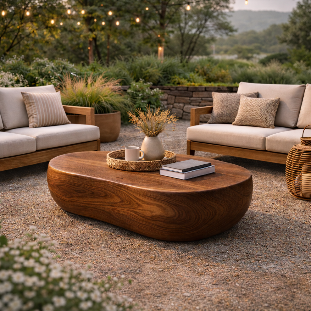 Organic Outdoor Coffee Table – Solid Wood Table for Patio and Garden