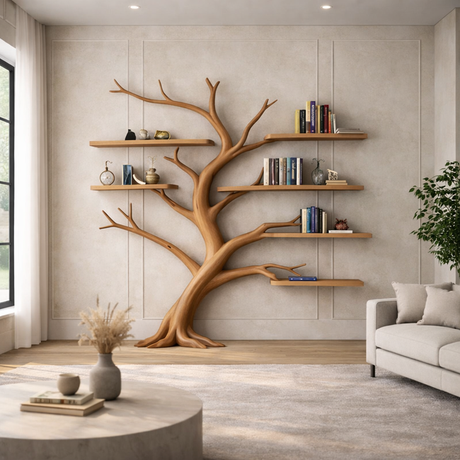 Tree Shaped Wooden Wall Shelf – Sculptural Solid Wood Tree Bookshelf for Living Room Wall Decor Main Image