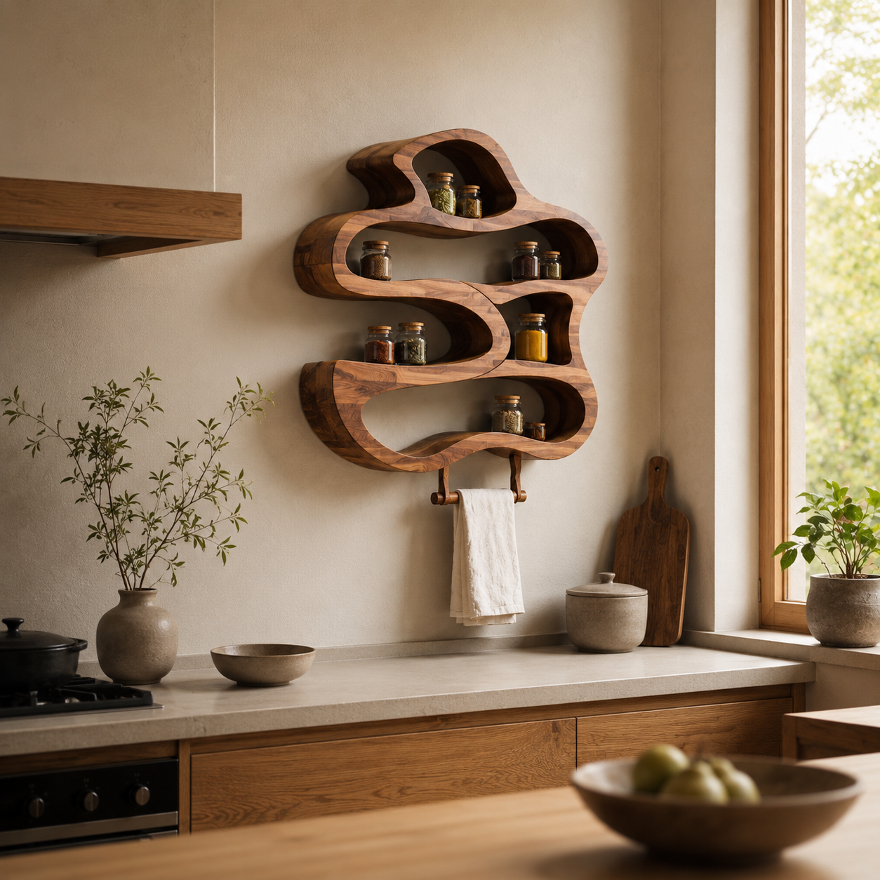 Organic Wood Kitchen Shelf – Solid Wood Wall Mounted Spice Rack for Kitchen Decor