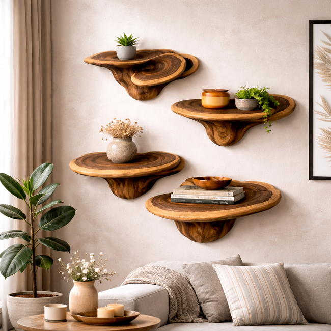 Organic Wooden Floating Wall Shelves Set – Sculptural Modular Display Hover Image