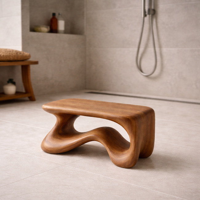 Sculptural Wooden Shower Bench - Modern Minimalist Bathroom Stool Hover Image