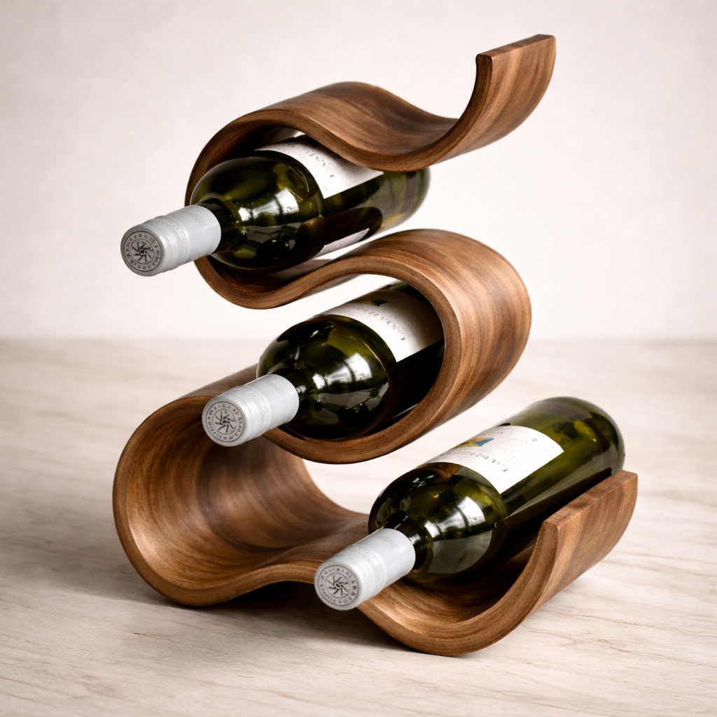 Sculptural Solid Wood Wine Rack | Hand-Carved Curved Bottle Holder