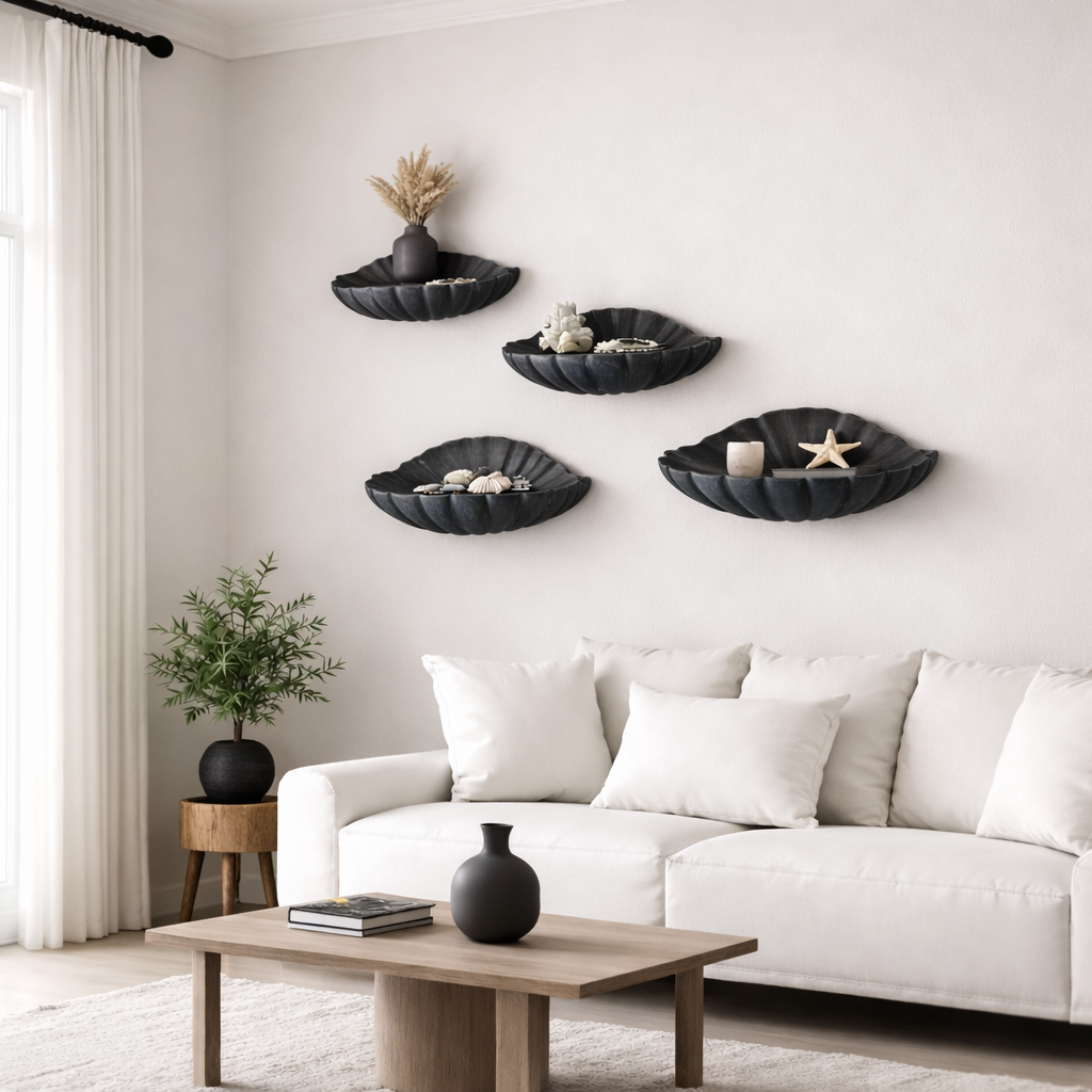 Shell-Inspired Solid Wood Floating Wall Shelves – Sculptural Display