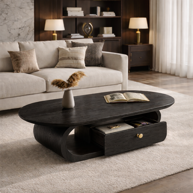 Solid Wood Coffee Table with Storage Drawer – Modern Rounded Design Main Image