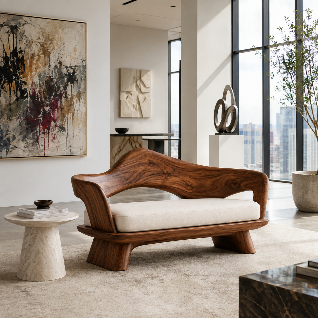 Sculptural Curved Back Wood Bench