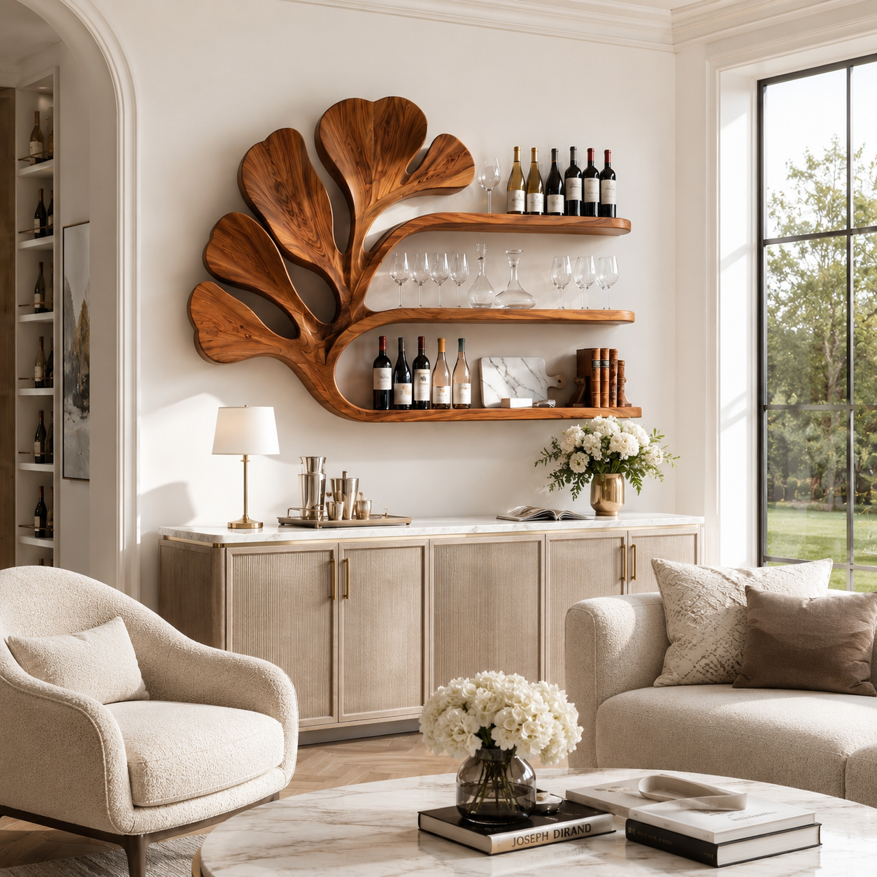 Ginkgo Leaf Wood Bar Shelf – Solid Wood Wall Mounted Wine Display Shelf for Kitchen Decor