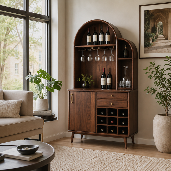 Arched Wood Wine Cabinet – Solid Wood Bar Storage Cabinet for Dining Room Decor Main Image