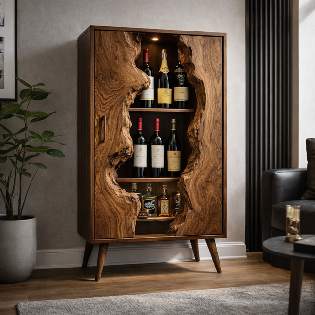 Live Edge Solid Wood Wine Cabinet – Rustic Wooden Bar Cabinet with Wine Bottle Storage and Display Main Image
