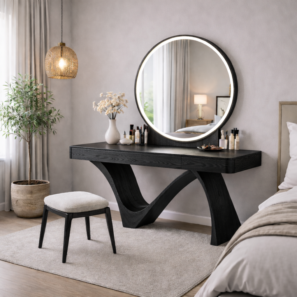 Modern Solid Wood Vanity Table with Round Mirror – Sculptural Set
