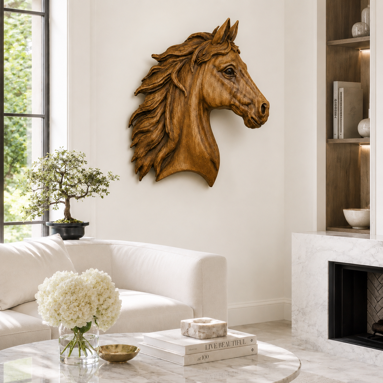 Horse Head Wood Wall Art – Solid Wood 3D Animal Sculpture for Entryway Decor