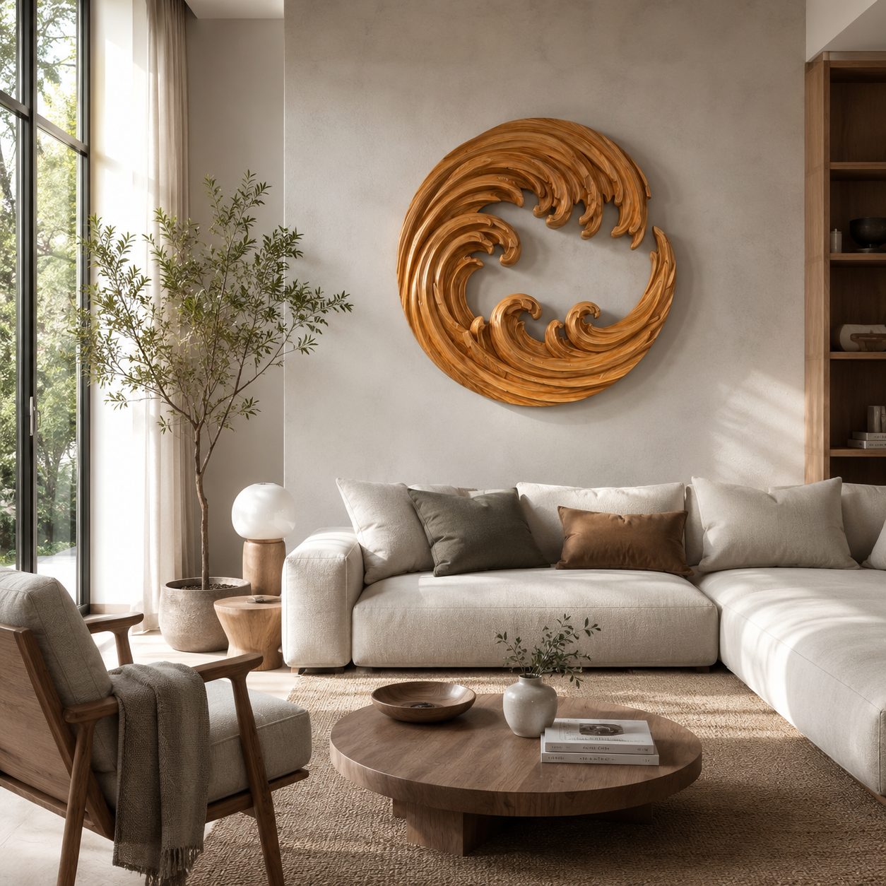 Round Wave Wood Wall Art – Solid Wood Carved Wall Decor for Living Room Decor