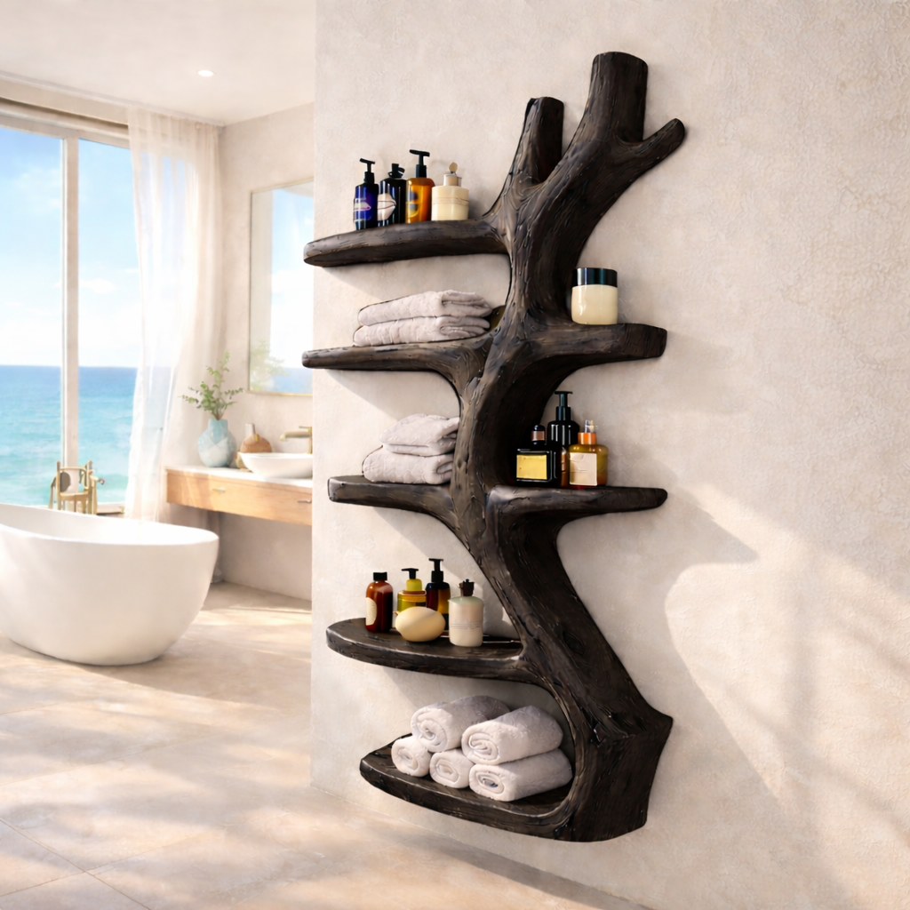 Sculptural Bathroom Shelf – Solid Wood Towel Shelf for Bathroom Decor
