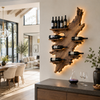 Live Edge Wood Wine Rack – Solid Wood Backlit Bottle Display Shelf for Kitchen Decor