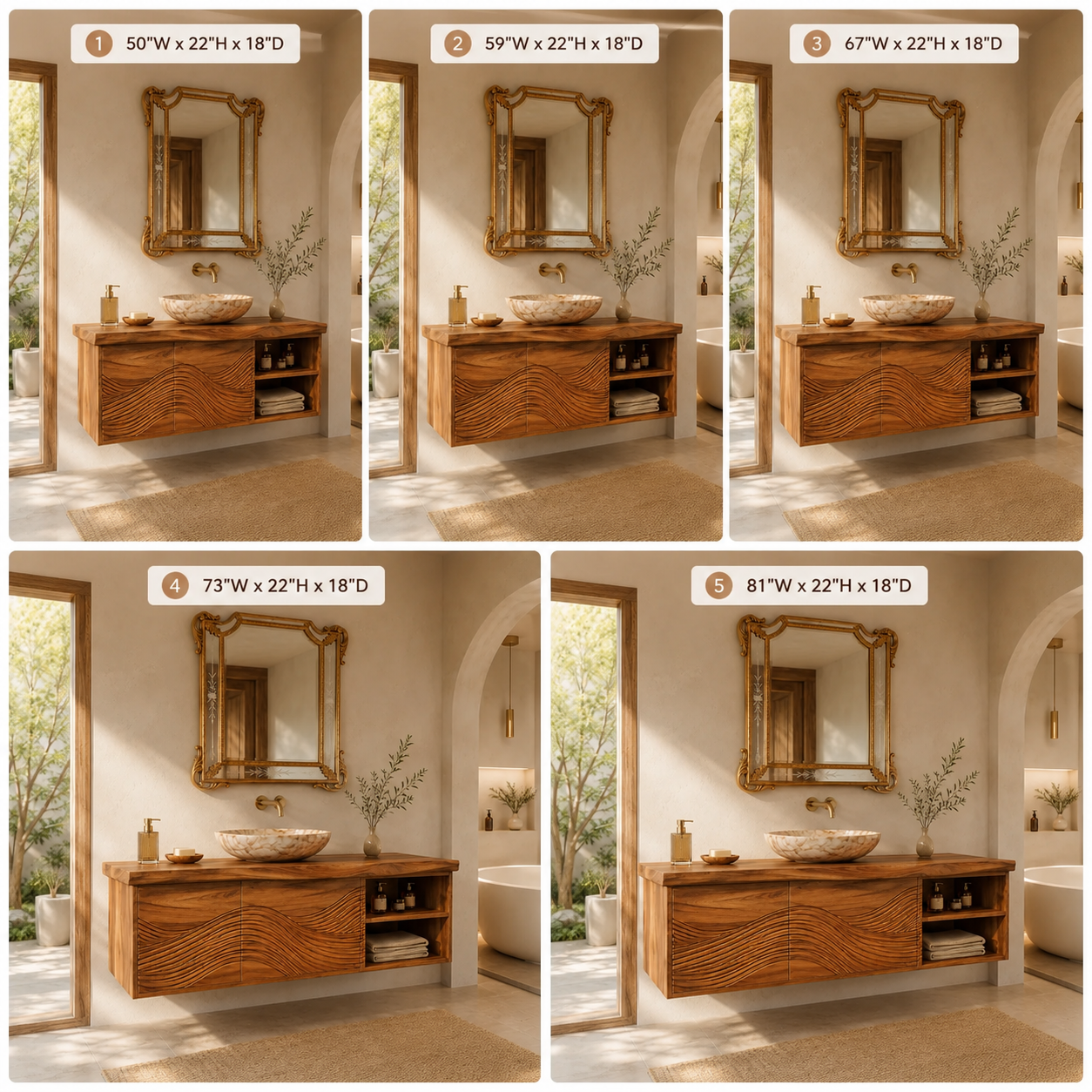 Wave Carved Wood Bathroom Vanity – Solid Wood Floating Sink Cabinet with Open Storage for Bathroom Decor
