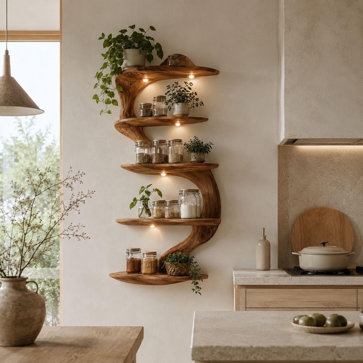 Branch Wood Kitchen Shelf – Solid Wood Wall Mounted Display Shelf for Kitchen Decor