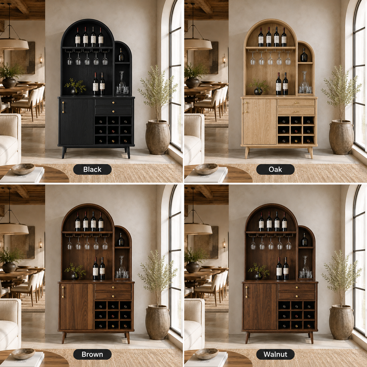 Arched Wood Wine Cabinet – Solid Wood Bar Storage Cabinet for Dining Room Decor