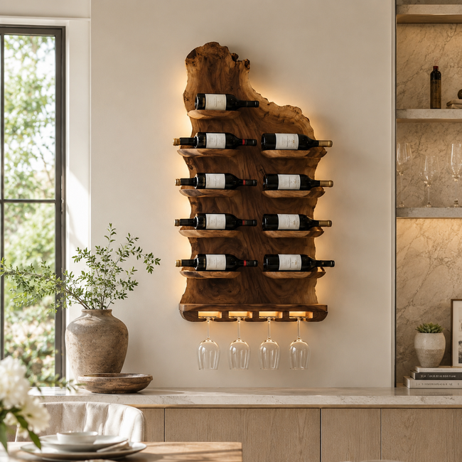 Wall-Mounted Wine Rack – Solid Wood Bottle Holder with Glass Storage Main Image
