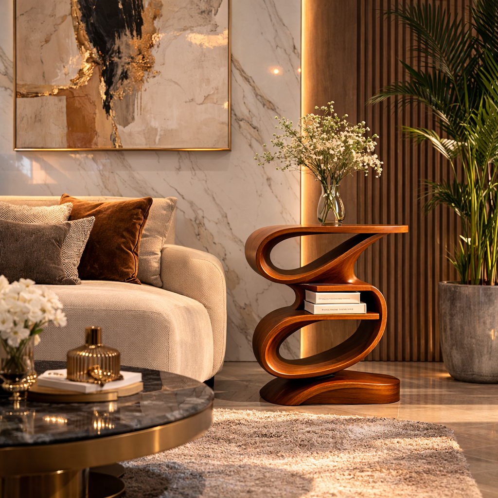 Curved Side Table – Sculptural Solid Wood Table for Living Room or Bedroom