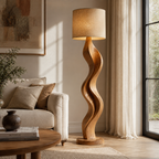 Sculptural Wood Floor Lamp – Solid Wood Standing Lamp with Fabric Shade for Living Room Decor