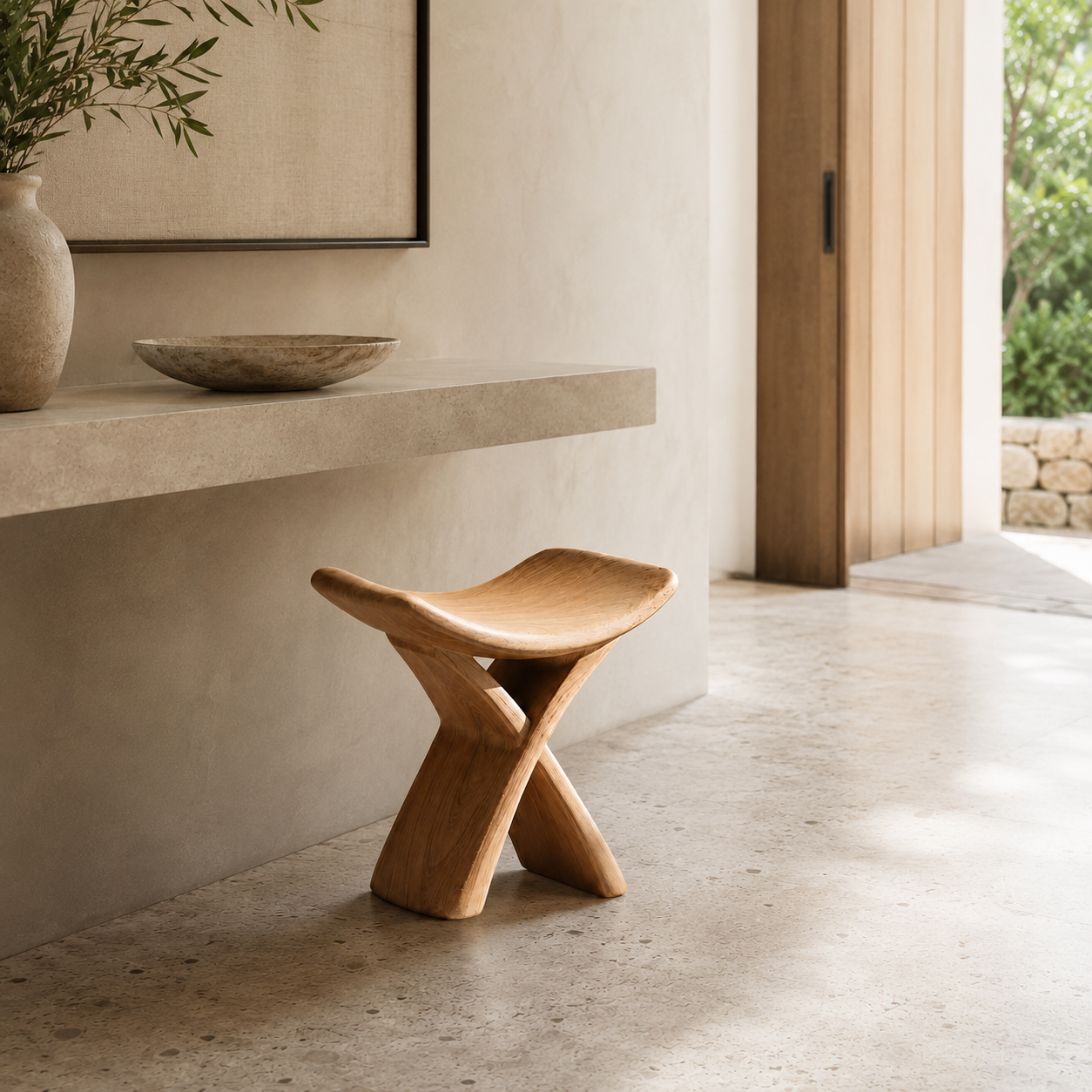 Sculptural Wood Stool – Solid Wood Accent Seat for Bathroom and Home Decor