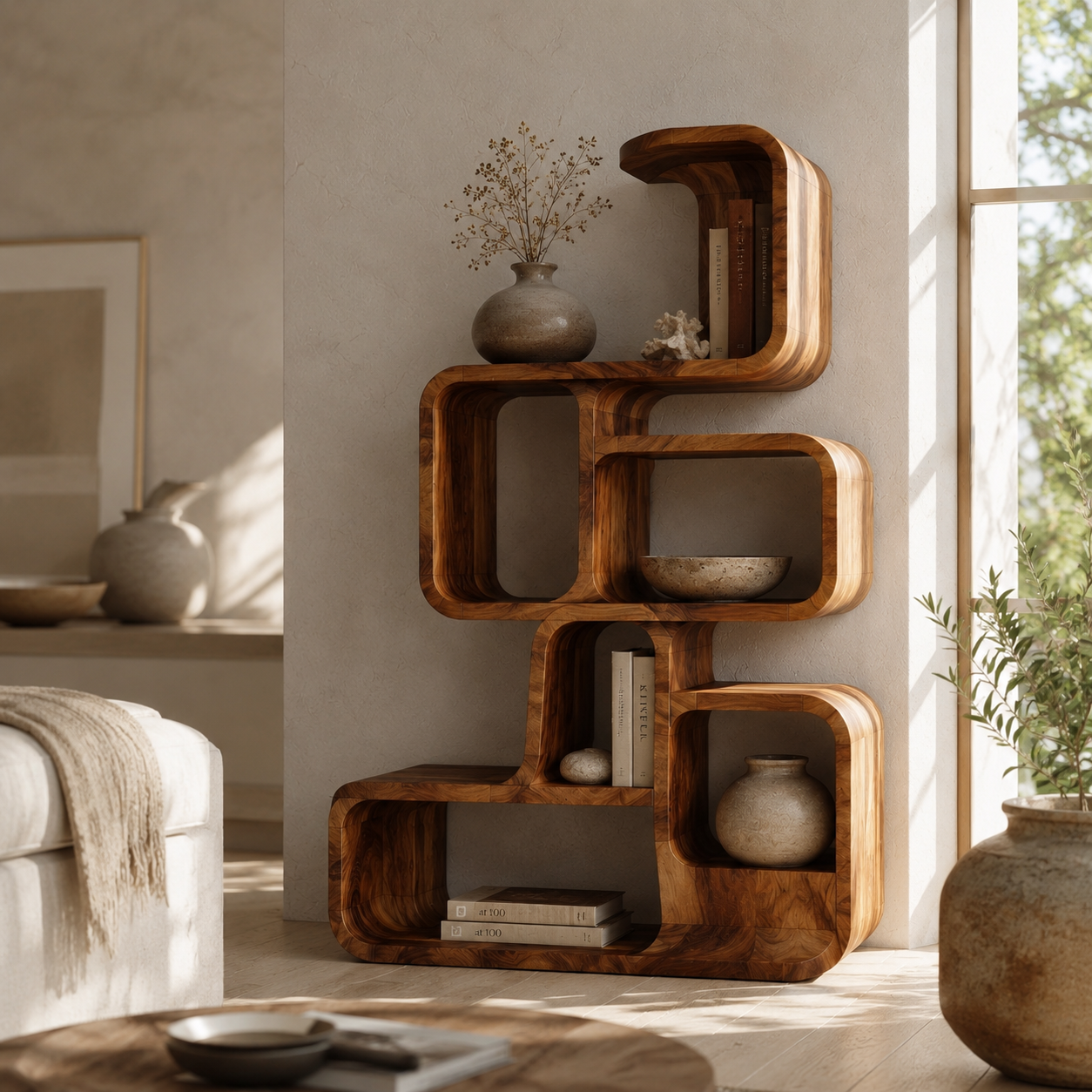 Geometric Bookcase – Solid Wood Display Shelf for Modern Home