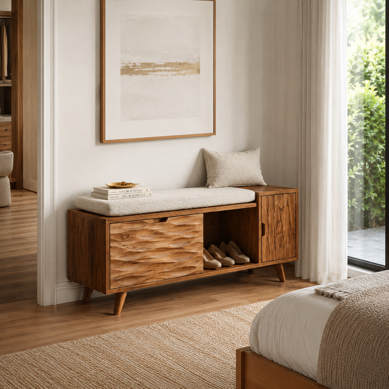 Wood Entryway Storage Bench – Solid Wood Shoe Bench with Cushion and Carved Cabinet Doors
